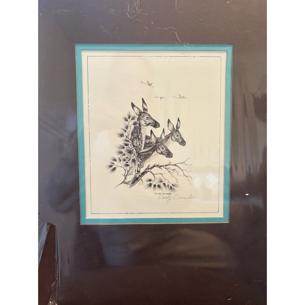 Vintage Signed Woody Crumbo 3 Deer and Ducks Wildlife Art Print